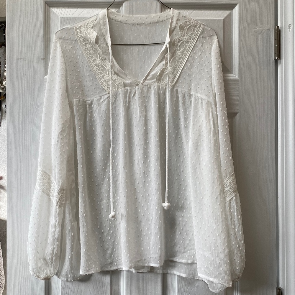 White, long sleeve, see-through blouse,